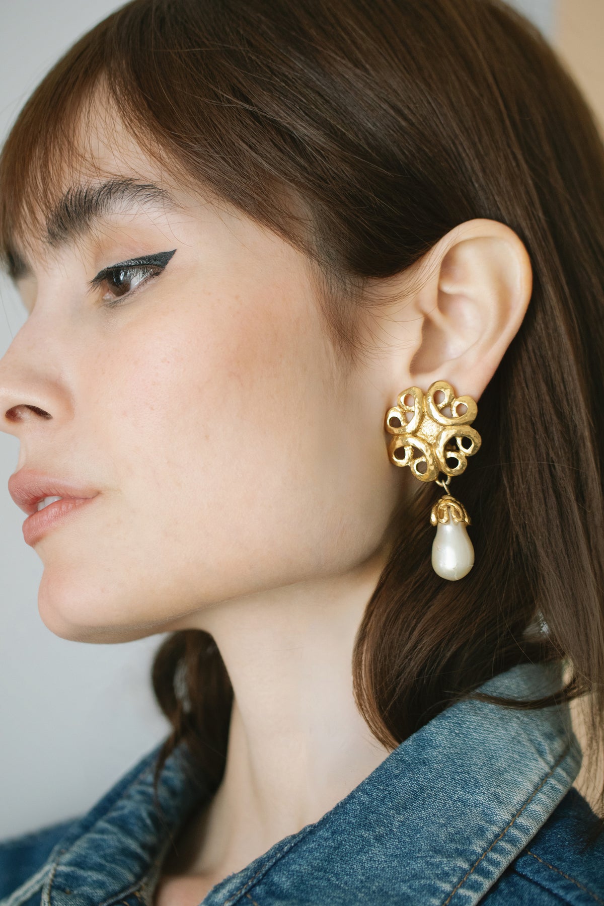 Vintage Yves Saint Laurent YSL Gold Scrollwork Pearl Drop Earrings, 1980s