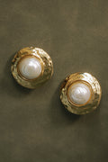 Vintage Yves Saint Laurent YSL Hammered Gold Pearl Cabochon Earrings, 1980s