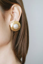 Vintage Yves Saint Laurent YSL Hammered Gold Pearl Cabochon Earrings, 1980s