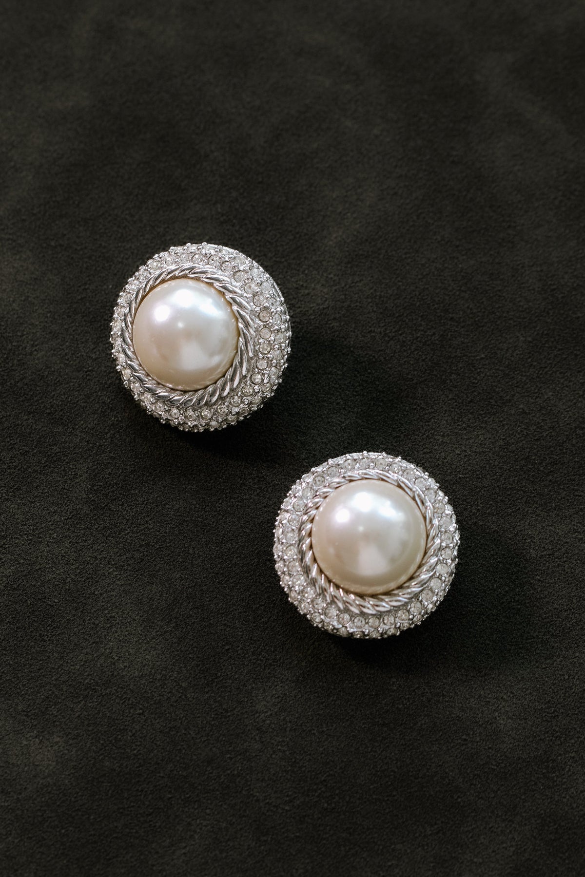 Vintage Christian Dior Faux Pearl Pavé Silver Tone Earrings, 1970s-1980s