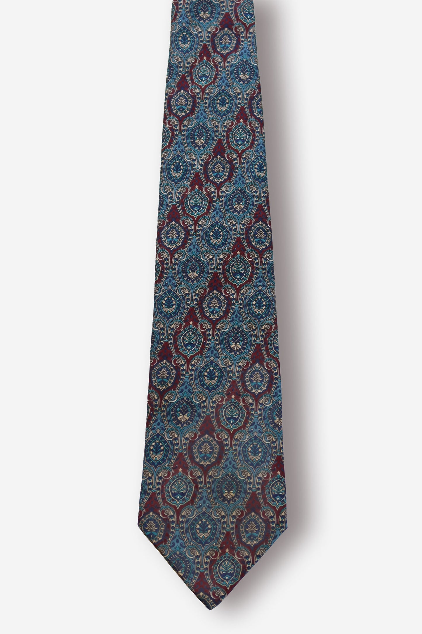 Christian Dior Paisley Medallion Teal Burgundy Silk Tie - Circa 80s to 90s