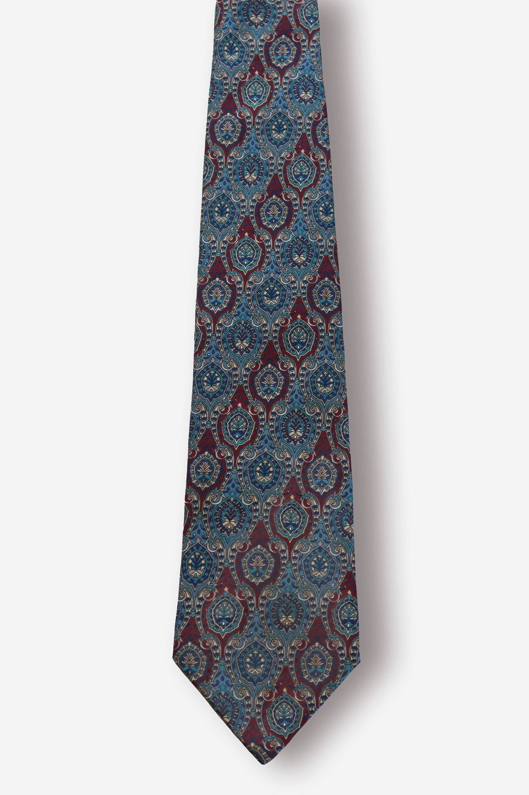 Christian Dior Paisley Medallion Teal Burgundy Silk Tie - Circa 80s to 90s
