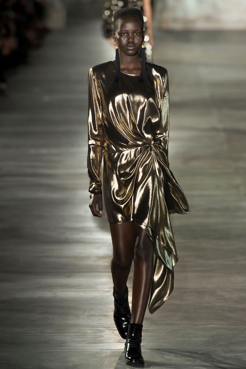 Saint Laurent by Anthony Vaccarello Gold Lamé Draped Dress, Runway Look 13, SS17