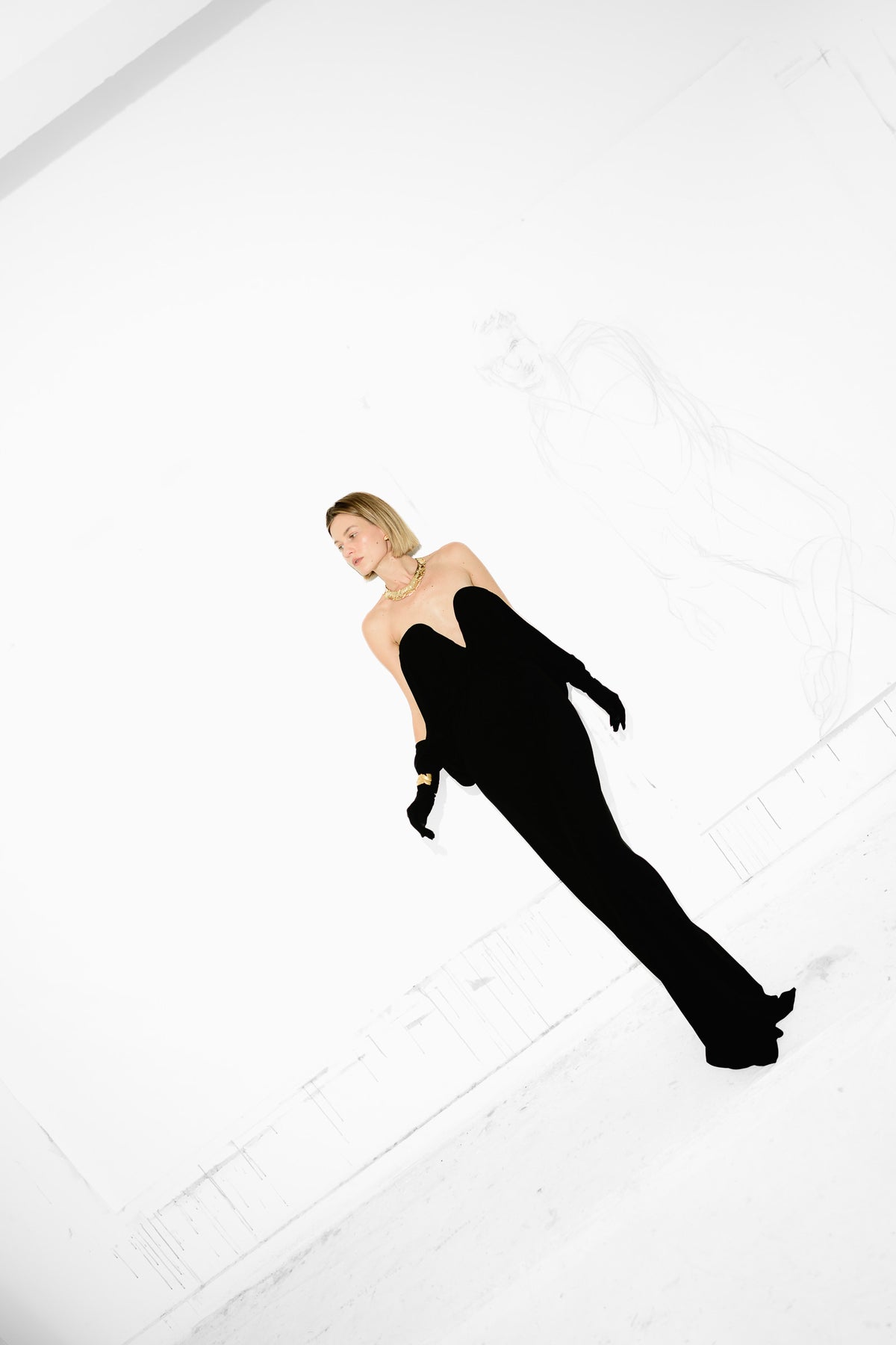 Saint Laurent by Anthony Vaccarello Black Sweetheart Glove-Sleeve Gown, Pre-Fall 2023